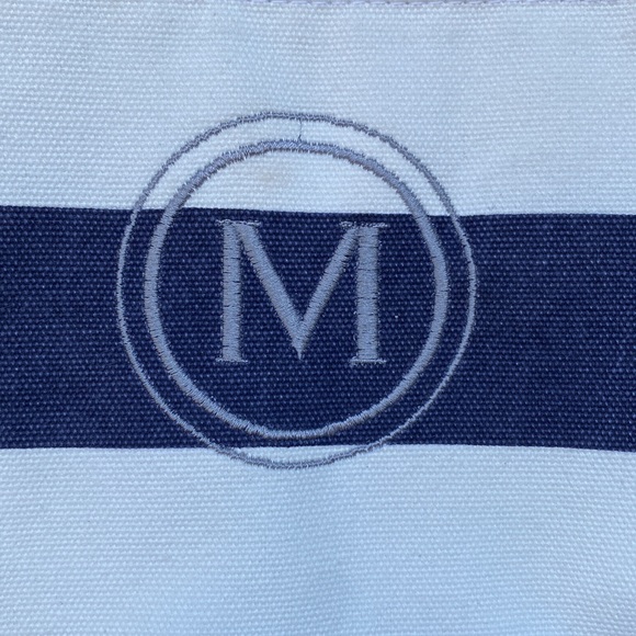 Pottery Barn Kids Ivory and Navy Striped Canvas Tote Bag with "M" - Picture 3 of 13